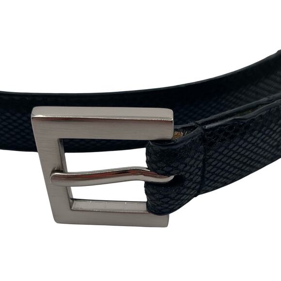 Women Black Skinny Leather Belt XL 42" Men Square Silver Buckle Scales Design - Picture 2 of 7
